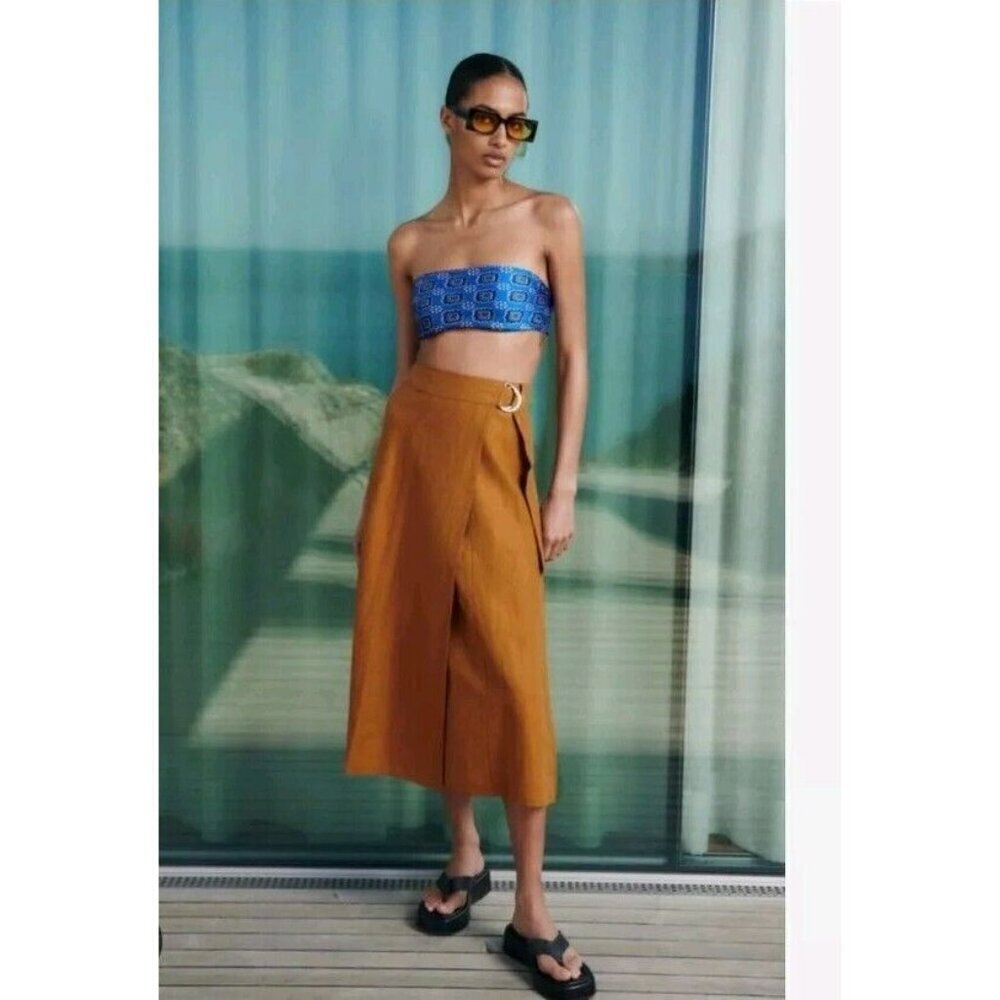 ZARA LININ BLEND MIDI SKIRT Kaki Camel SIZE s 7563 045